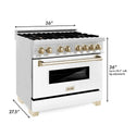 ZLINE Autograph Edition 36 in. 4.6 cu. ft. Dual Fuel Range with Gas Stove and Electric Oven in Stainless Steel with White Matte Door and Polished Gold Accents (RAZ-WM-36-G) dimensional diagram with measurements.