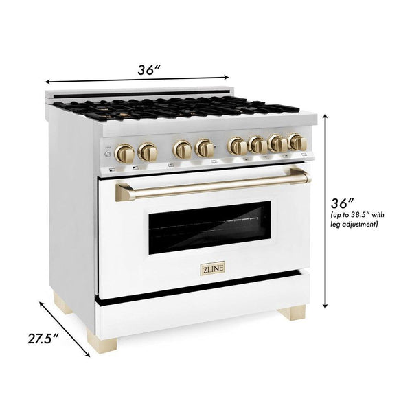 ZLINE Autograph Edition 36 in. 4.6 cu. ft. Dual Fuel Range with Gas Stove and Electric Oven in Stainless Steel with White Matte Door and Polished Gold Accents (RAZ-WM-36-G) dimensional diagram with measurements.