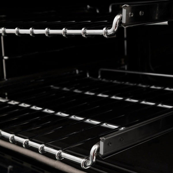 ZLINE Autograph Edition 36 in. 4.6 cu. ft. Dual Fuel Range with Gas Stove and Electric Oven in Stainless Steel with White Matte Door and Matte Black Accents (RAZ-WM-36-MB) close-up, SmoothGlide ball-bearing adjustable racks inside oven from side.