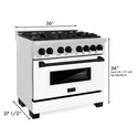 ZLINE Autograph Edition 36 in. 4.6 cu. ft. Dual Fuel Range with Gas Stove and Electric Oven in Stainless Steel with White Matte Door and Matte Black Accents (RAZ-WM-36-MB) dimensional diagram with measurements.