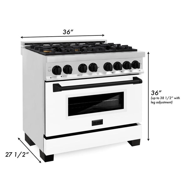 ZLINE Autograph Edition 36 in. 4.6 cu. ft. Dual Fuel Range with Gas Stove and Electric Oven in Stainless Steel with White Matte Door and Matte Black Accents (RAZ-WM-36-MB) dimensional diagram with measurements.
