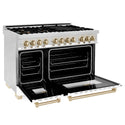 ZLINE 48 in. Autograph Edition Kitchen Package with Stainless Steel Dual Fuel Range with White Matte Door, Range Hood and Dishwasher with Polished Gold  Accents (3AKP-RAWMRHDWM48-G)