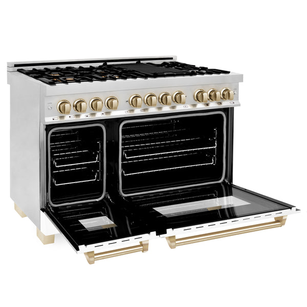 ZLINE 48 in. Autograph Edition Kitchen Package with Stainless Steel Dual Fuel Range with White Matte Door, Range Hood and Dishwasher with Polished Gold  Accents (3AKP-RAWMRHDWM48-G)