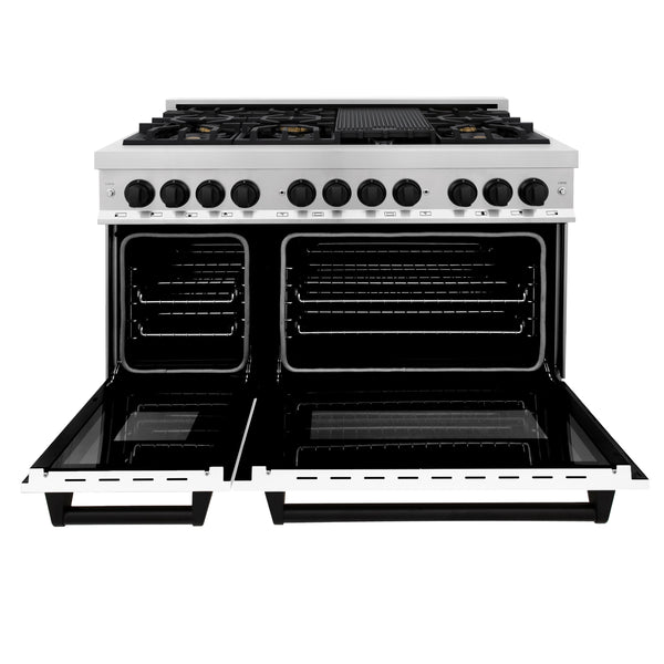 ZLINE Autograph Edition 48 in. 6.0 cu. ft. Legacy Dual Fuel Range with 7 Burner Gas Cooktop and 2 Electric Ovens in Stainless Steel with White Matte Doors and Matte Black Accents (RAZ-WM-48-MB)
