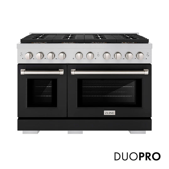 ZLINE 48 in. 6.7 cu. ft. Paramount Dual Fuel Range with 8 Burner DuoPro™ Cooktop and Dual Ovens with Black Matte Doors (PSDR-BLM-48)
