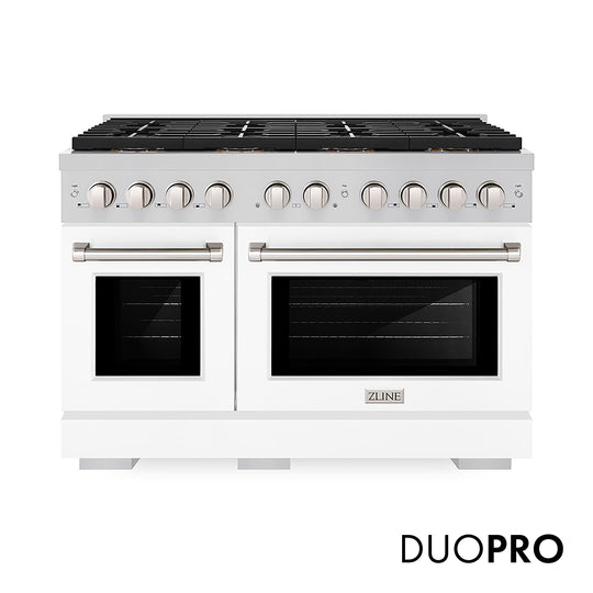 ZLINE 48 in. 6.7 cu. ft. Paramount Dual Fuel Range with 8 Burner DuoPro™ Cooktop and Dual Ovens with White Matte Doors (PSDR-WM-48)