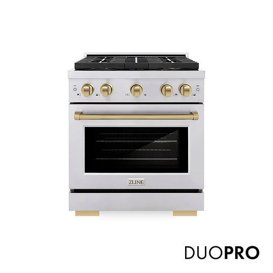 ZLINE Autograph Edition 30 in. 4.2 cu. ft. Paramount Dual Fuel Range with 4 Burner DuoPro™ Cooktop and Electric Convection Oven in Stainless Steel with Champagne Bronze Accents (PSDRZ-30-CB)