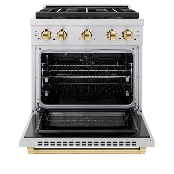ZLINE Autograph Edition 30 in. 4.2 cu. ft. Paramount Dual Fuel Range with 4 Burner DuoPro™ Cooktop and Electric Convection Oven in Stainless Steel with Polished Gold Accents (PSDRZ-30-G)