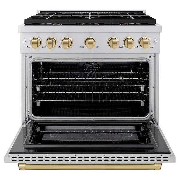 ZLINE Autograph Edition 36 in. 5.2 cu. ft. Paramount Dual Fuel Range with 6 Burner DuoPro™ Cooktop and Electric Convection Oven in Stainless Steel and Champagne Bronze Accents (PSDRZ-36-CB)