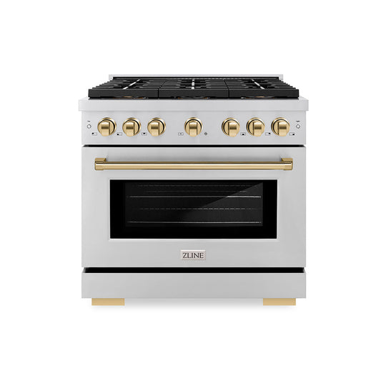ZLINE Autograph Edition 36 in. 5.2 cu. ft. Paramount Dual Fuel Range with 6 Burner DuoPro™ Cooktop and Electric Convection Oven in Stainless Steel and Polished Gold Accents (PSDRZ-36-G)