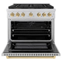 ZLINE Autograph Edition 36 in. 5.2 cu. ft. Paramount Dual Fuel Range with 6 Burner DuoPro™ Cooktop and Electric Convection Oven in Stainless Steel and Polished Gold Accents (PSDRZ-36-G)