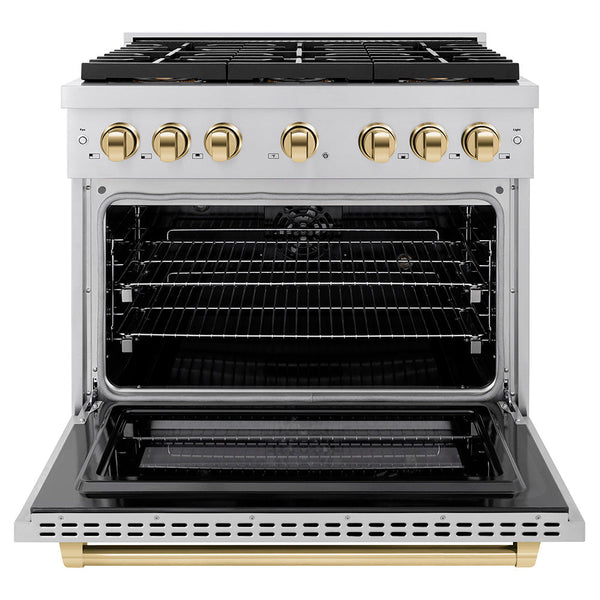 ZLINE Autograph Edition 36 in. 5.2 cu. ft. Paramount Dual Fuel Range with 6 Burner DuoPro™ Cooktop and Electric Convection Oven in Stainless Steel and Polished Gold Accents (PSDRZ-36-G)
