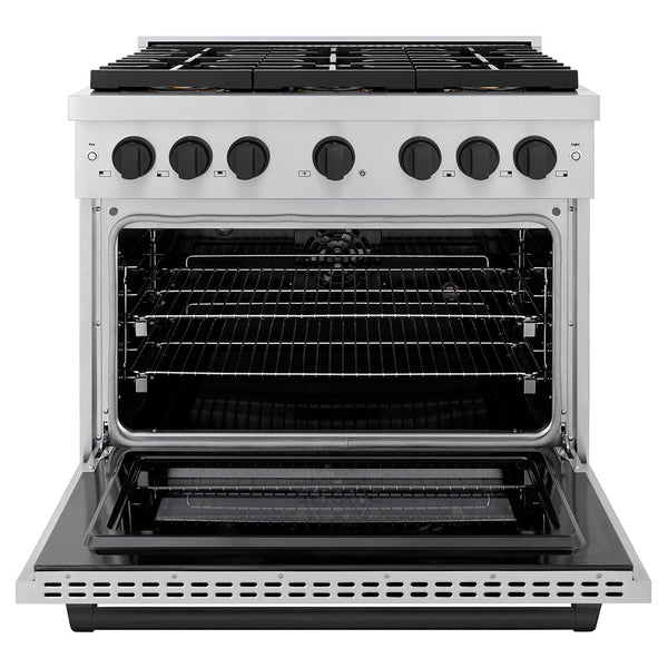 ZLINE Autograph Edition 36 in. 5.2 cu. ft. Paramount Dual Fuel Range with 6 Burner DuoPro™ Cooktop and Electric Convection Oven in Stainless Steel and Matte Black Accents (PSDRZ-36-MB)
