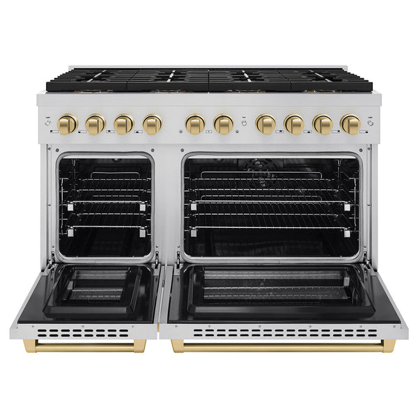 ZLINE Autograph Edition 48 in. 6.7 cu. ft. Paramount Dual Fuel Range with 8 Burner DuoPro™ Cooktop and Dual Ovens in Stainless Steel and Champagne Bronze Accents (PSDRZ-48-CB)