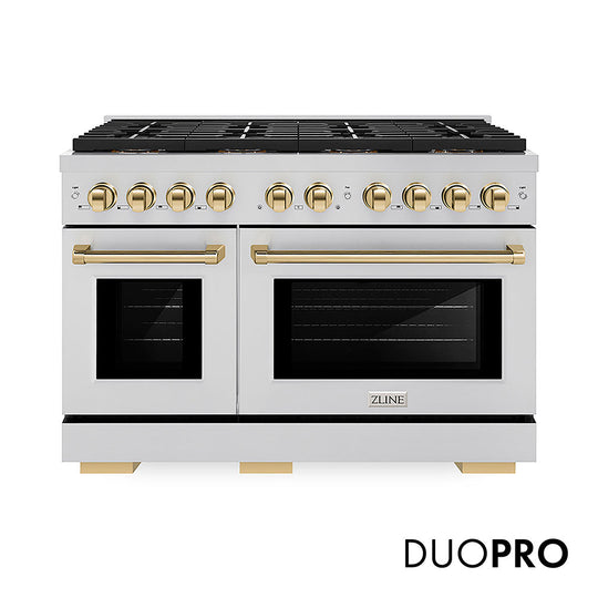 ZLINE Autograph Edition 48 in. 6.7 cu. ft. Paramount Dual Fuel Range with 8 Burner DuoPro™ Cooktop and Dual Ovens in Stainless Steel and Polished Gold Accents (PSDRZ-48-G)
