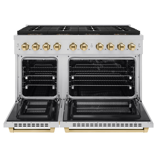 ZLINE Autograph Edition 48 in. 6.7 cu. ft. Paramount Dual Fuel Range with 8 Burner DuoPro™ Cooktop and Dual Ovens in Stainless Steel and Polished Gold Accents (PSDRZ-48-G)