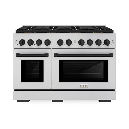 ZLINE Autograph Edition 48 in. 6.7 cu. ft. Paramount Dual Fuel Range with 8 Burner DuoPro™ Cooktop and Dual Ovens in Stainless Steel and Matte Black Accents (PSDRZ-48-MB)