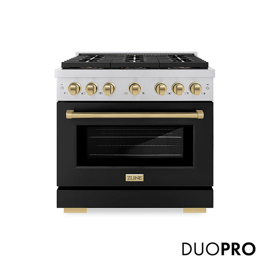 ZLINE Autograph Edition 36 in. 5.2 cu. ft. Paramount Dual Fuel Range with 6 Burner DuoPro™ Cooktop and Electric Convection Oven with Black Matte Door and Champagne Bronze Accents (PSDRZ-BLM-36-CB)
