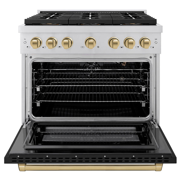 ZLINE Autograph Edition 36 in. 5.2 cu. ft. Paramount Dual Fuel Range with 6 Burner DuoPro™ Cooktop and Electric Convection Oven with Black Matte Door and Champagne Bronze Accents (PSDRZ-BLM-36-CB)
