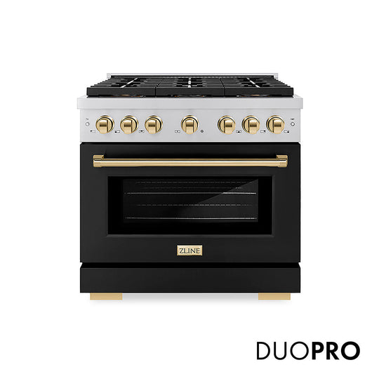 ZLINE Autograph Edition 36 in. 5.2 cu. ft. Paramount Dual Fuel Range with 6 Burner DuoPro™ Cooktop and Electric Convection Oven with Black Matte Door and Polished Gold Accents (PSDRZ-BLM-36-G)