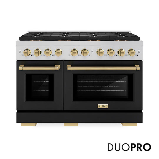 ZLINE Autograph Edition 48 in. 6.7 cu. ft. Paramount Dual Fuel Range with 8 Burner DuoPro™ Cooktop and Dual Ovens with Black Matte Doors and Champagne Bronze Accents (PSDRZ-BLM-48-CB)