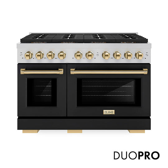 ZLINE Autograph Edition 48 in. 6.7 cu. ft. Paramount Dual Fuel Range with 8 Burner DuoPro™ Cooktop and Dual Ovens with Black Matte Doors and Polished Gold Accents (PSDRZ-BLM-48-G)