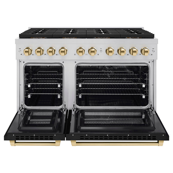 ZLINE Autograph Edition 48 in. 6.7 cu. ft. Paramount Dual Fuel Range with 8 Burner DuoPro™ Cooktop and Dual Ovens with Black Matte Doors and Polished Gold Accents (PSDRZ-BLM-48-G)