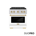 ZLINE Autograph Edition 30 in. 4.2 cu. ft. Paramount Dual Fuel Range with 4 Burner DuoPro™ Cooktop and Electric Convection Oven in Stainless Steel with White Matte Door and Champagne Bronze Accents (PSDRZ-WM-30-CB)