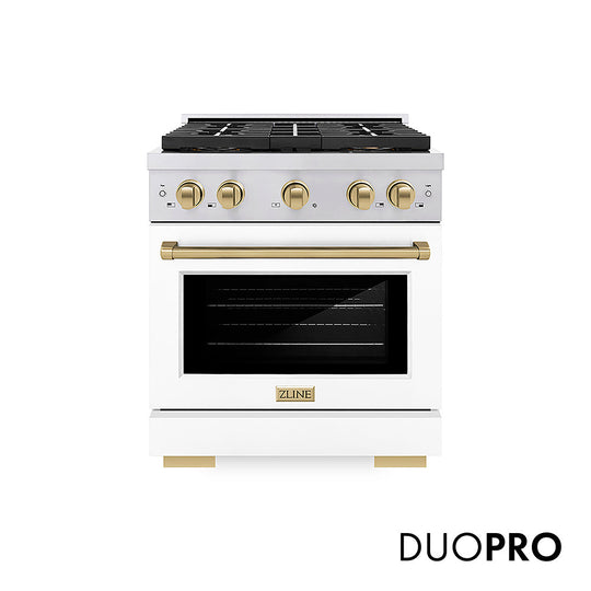 ZLINE Autograph Edition 30 in. 4.2 cu. ft. Paramount Dual Fuel Range with 4 Burner DuoPro™ Cooktop and Electric Convection Oven in Stainless Steel with White Matte Door and Champagne Bronze Accents (PSDRZ-WM-30-CB)