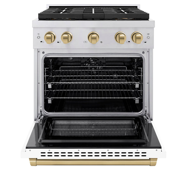 ZLINE Autograph Edition 30 in. 4.2 cu. ft. Paramount Dual Fuel Range with 4 Burner DuoPro™ Cooktop and Electric Convection Oven in Stainless Steel with White Matte Door and Champagne Bronze Accents (PSDRZ-WM-30-CB)