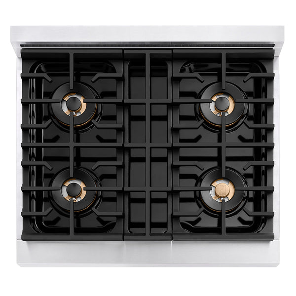 ZLINE Autograph Edition 30 in. 4.2 cu. ft. Paramount Dual Fuel Range with 4 Burner DuoPro™ Cooktop and Electric Convection Oven in Stainless Steel with White Matte Door and Champagne Bronze Accents (PSDRZ-WM-30-CB)