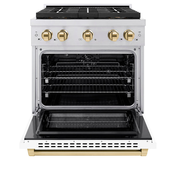 ZLINE Autograph Edition 30 in. 4.2 cu. ft. Paramount Dual Fuel Range with 4 Burner DuoPro™ Cooktop and Electric Convection Oven in Stainless Steel with White Matte Door and Polished Gold Accents (PSDRZ-WM-30-G)