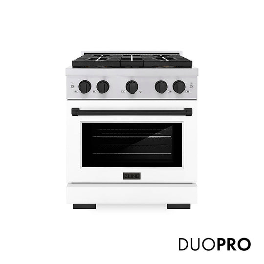 ZLINE Autograph Edition 30 in. 4.2 cu. ft. Paramount Dual Fuel Range with 4 Burner DuoPro™ Cooktop and Electric Convection Oven in Stainless Steel with White Matte Door and Matte Black Accents (PSDRZ-WM-30-MB)