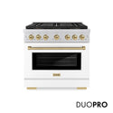 ZLINE Autograph Edition 36 in. 5.2 cu. ft. Paramount Dual Fuel Range with 6 Burner DuoPro™ Cooktop and Electric Convection Oven with White Matte Door and Champagne Bronze Accents (PSDRZ-WM-36-CB)