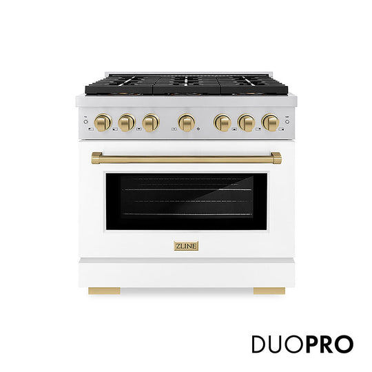 ZLINE Autograph Edition 36 in. 5.2 cu. ft. Paramount Dual Fuel Range with 6 Burner DuoPro™ Cooktop and Electric Convection Oven with White Matte Door and Champagne Bronze Accents (PSDRZ-WM-36-CB)