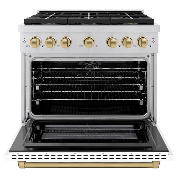 ZLINE Autograph Edition 36 in. 5.2 cu. ft. Paramount Dual Fuel Range with 6 Burner DuoPro™ Cooktop and Electric Convection Oven with White Matte Door and Champagne Bronze Accents (PSDRZ-WM-36-CB)