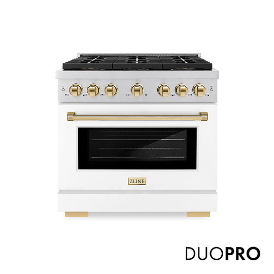 ZLINE Autograph Edition 36 in. 5.2 cu. ft. Paramount Dual Fuel Range with 6 Burner DuoPro™ Cooktop and Electric Convection Oven with White Matte Door and Polished Gold Accents (PSDRZ-WM-36-G)