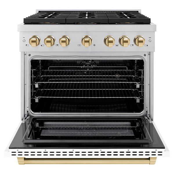 ZLINE Autograph Edition 36 in. 5.2 cu. ft. Paramount Dual Fuel Range with 6 Burner DuoPro™ Cooktop and Electric Convection Oven with White Matte Door and Polished Gold Accents (PSDRZ-WM-36-G)