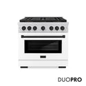 ZLINE Autograph Edition 36 in. 5.2 cu. ft. Paramount Dual Fuel Range with 6 Burner DuoPro™ Cooktop and Electric Convection Oven with White Matte Door and Matte Black Accents (PSDRZ-WM-36-MB)