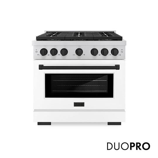 ZLINE Autograph Edition 36 in. 5.2 cu. ft. Paramount Dual Fuel Range with 6 Burner DuoPro™ Cooktop and Electric Convection Oven with White Matte Door and Matte Black Accents (PSDRZ-WM-36-MB)