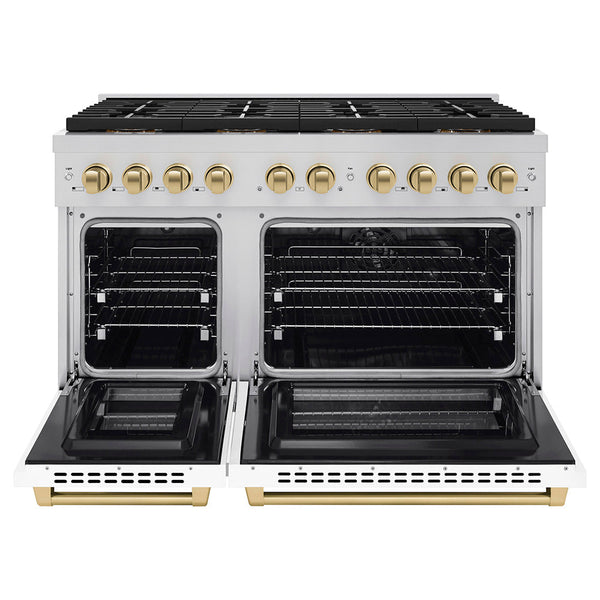 ZLINE Autograph Edition 48 in. 6.7 cu. ft. Paramount Dual Fuel Range with 8 Burner DuoPro™ Cooktop and Dual Ovens with White Matte Doors and Champagne Bronze Accents (PSDRZ-WM-48-CB)