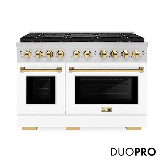 ZLINE Autograph Edition 48 in. 6.7 cu. ft. Paramount Dual Fuel Range with 8 Burner DuoPro™ Cooktop and Dual Ovens with White Matte Doors and Polished Gold Accents (PSDRZ-WM-48-G)
