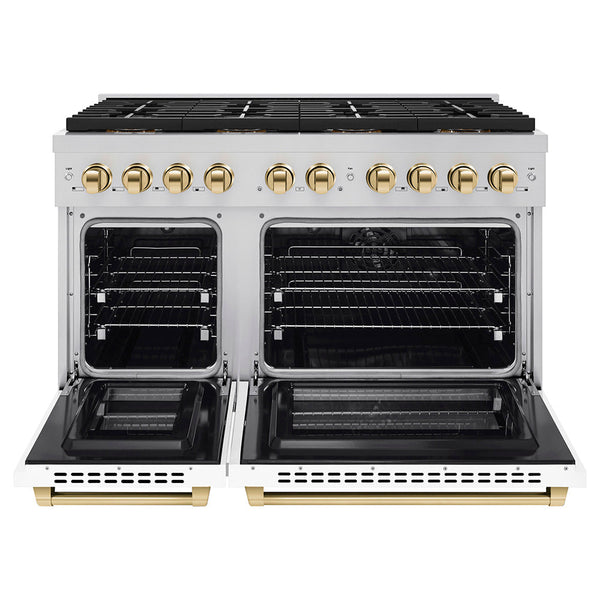ZLINE Autograph Edition 48 in. 6.7 cu. ft. Paramount Dual Fuel Range with 8 Burner DuoPro™ Cooktop and Dual Ovens with White Matte Doors and Polished Gold Accents (PSDRZ-WM-48-G)