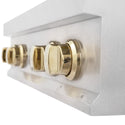Polished Gold cooktop knobs.