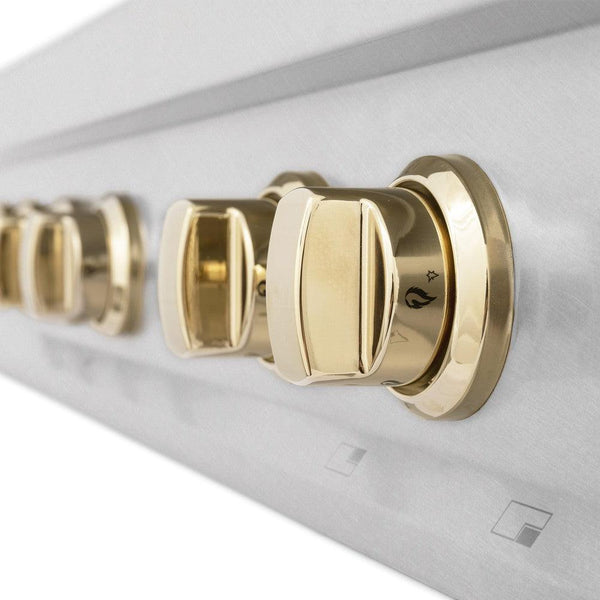 ZLINE Autograph Edition 36 in. Porcelain Rangetop with 6 Gas Burners in DuraSnow® Stainless Steel with Polished Gold Accents (RTSZ-36-G)-Cooktops-RTSZ-36-G ZLINE Kitchen and Bath