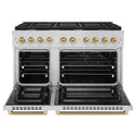 ZLINE Autograph Edition 48 in. 6.7 cu. ft. Paramount Double Oven Dual Fuel Range with 8 Burner Gas Cooktop in Stainless Steel and Champagne Bronze Helix Handles and Knob Accents (SDRZ-48-KCB)