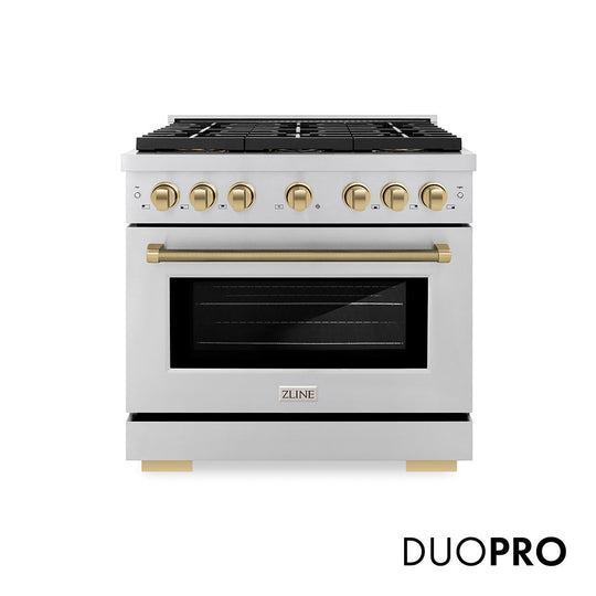 ZLINE Autograph Edition 36 in. 5.2 cu. ft. Paramount Dual Fuel Range with 6 Burner DuoPro™ Cooktop and Electric Convection Oven in Stainless Steel with Champagne Bronze Helix Handle and Accents (PSDRZ-36-KCB)