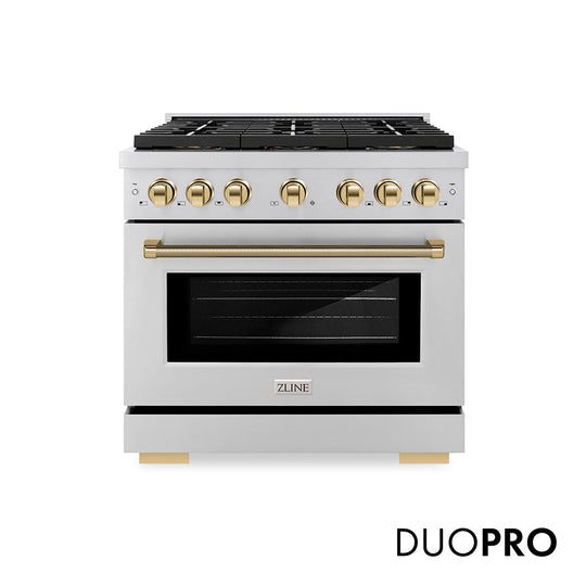 ZLINE Autograph Edition 36 in. 5.2 cu. ft. Paramount Dual Fuel Range with 6 Burner DuoPro™ Cooktop and Electric Convection Oven in Stainless Steel with Polished Gold Helix Handle and Accents (PSDRZ-36-KG)