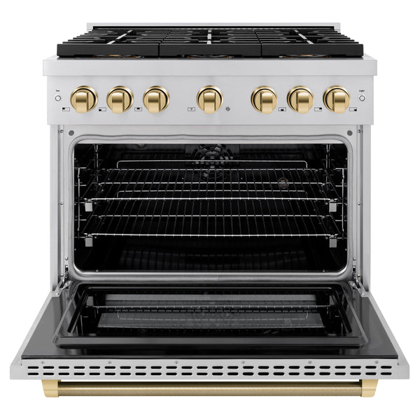 ZLINE Autograph Edition 36 in. 5.2 cu. ft. Paramount Dual Fuel Range with 6 Burner DuoPro™ Cooktop and Electric Convection Oven in Stainless Steel with Polished Gold Helix Handle and Accents (PSDRZ-36-KG)