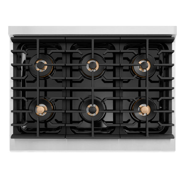 ZLINE Autograph Edition 36 in. 5.2 cu. ft. Paramount Dual Fuel Range with 6 Burner DuoPro™ Cooktop and Electric Convection Oven in Stainless Steel with Polished Gold Helix Handle and Accents (PSDRZ-36-KG)